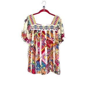 Johnny Was Tweety Mixed Print Silk Boho Blouse Top L Vibrant Colors